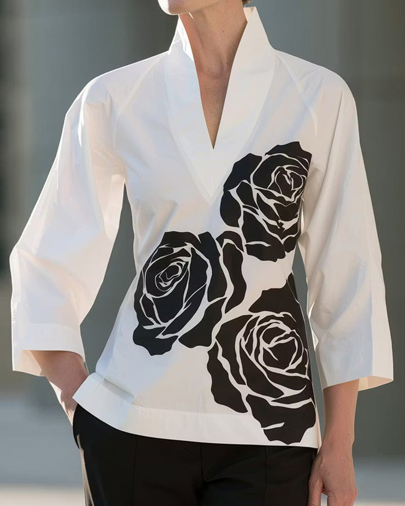 V-Neck Floral Print Blouse