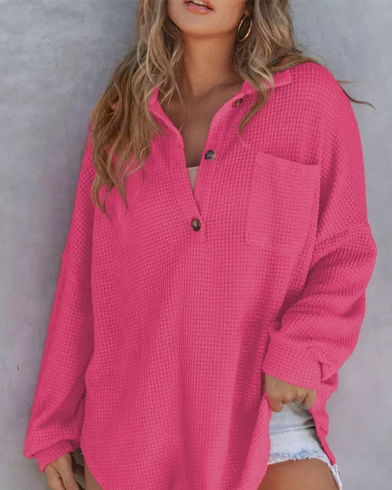 Solid Button-Down Loose Lapel Blouse