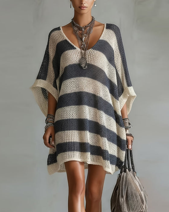Dolman Sleeve Stripe Print Hollow Out Sweater Dress
