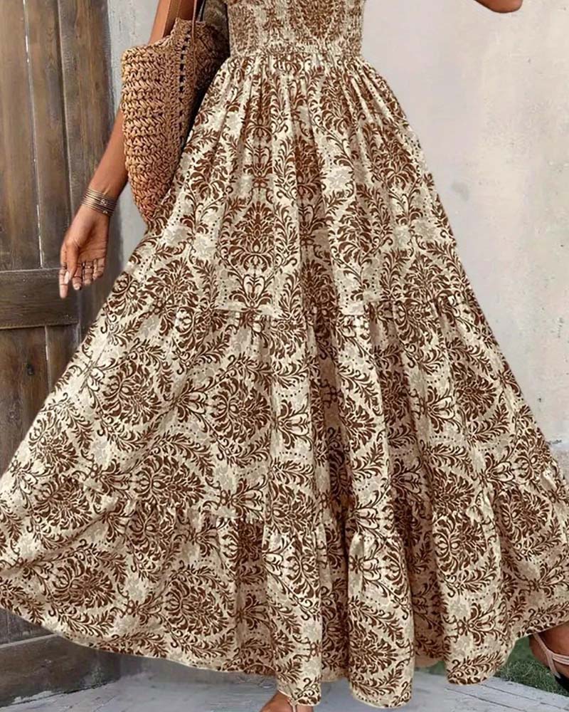 Retro Print V-Neck Cinched Waist Long Dress