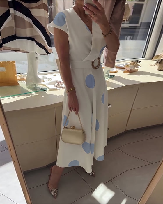 Polka Dot V-Neck Waist-Cinching Dress
