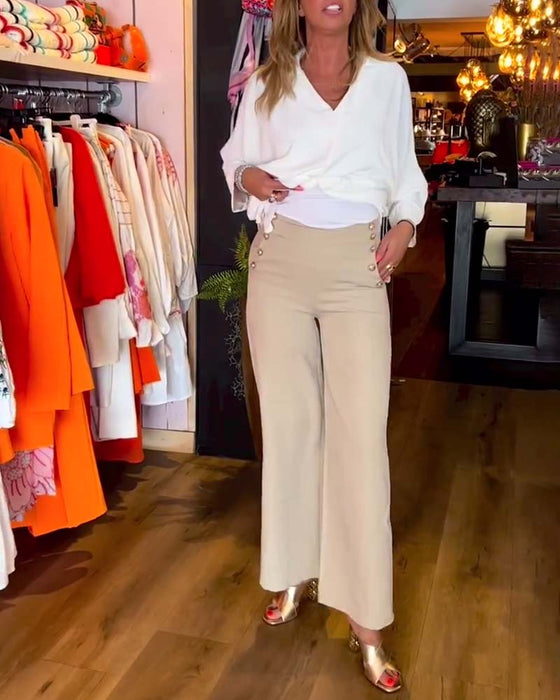 Tie Solid Color V-Neck Blouse