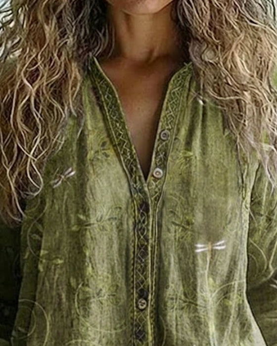 Dragonfly Embroidery V-Neck Blouse