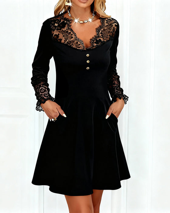 Elegant Solid Color Patchwork V-Neck Dress