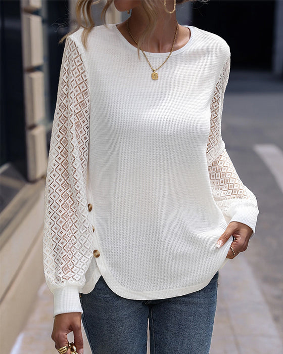 Button-Up Design Lace Long-Sleeved Round Neck Top