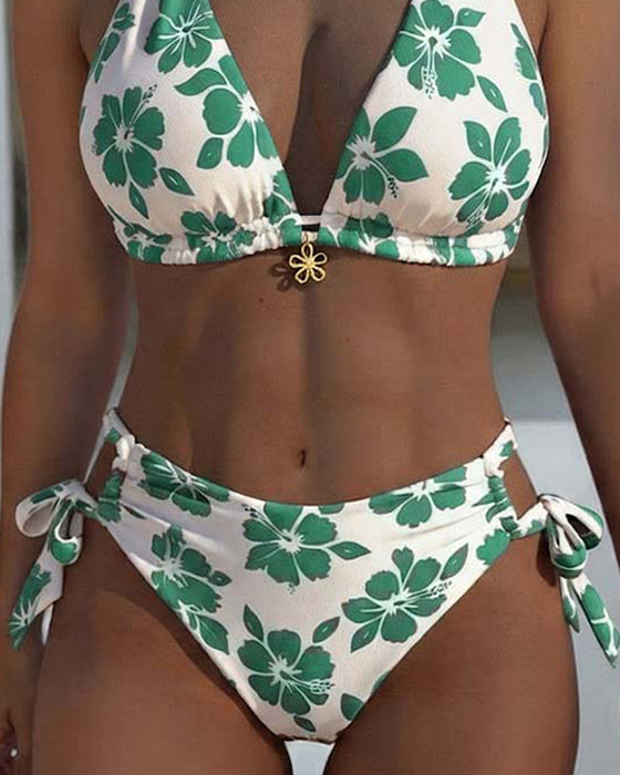 Hibiscus Print Halter Bikini