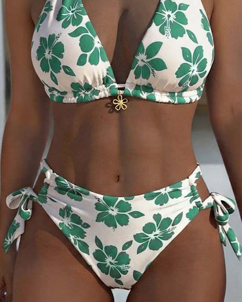 Hibiscus Print Halter Bikini