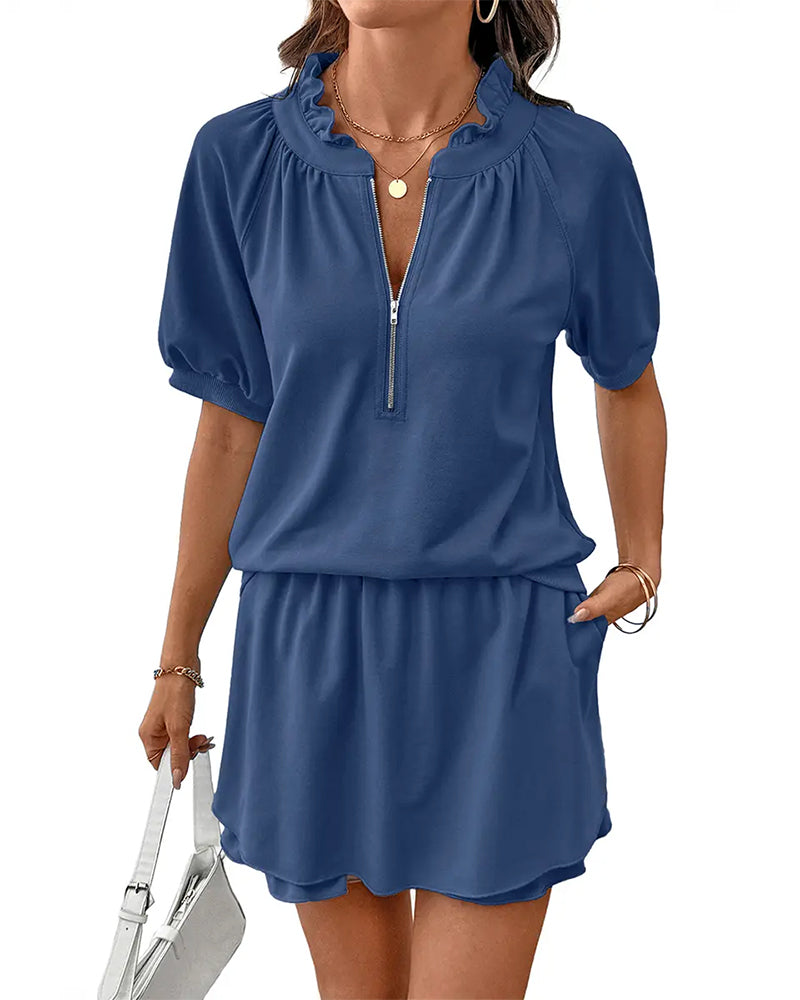 Ruffle Collar Puff Sleeve Blouse And Skirt Set