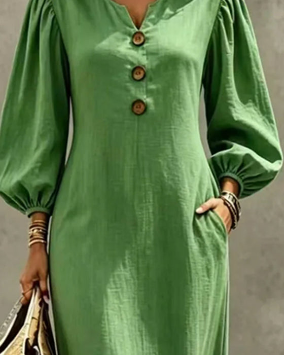 Small V-Neck Button Puff Sleeve Pocket Dress