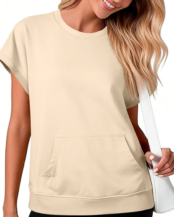 Front Pocket Solid Color Round Neck Blouse
