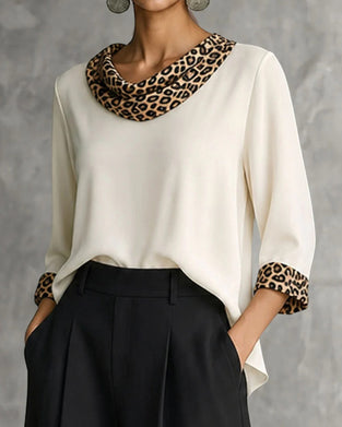 Leopard Panel Cowl Neck Elbow-Length Sleeve Blouse