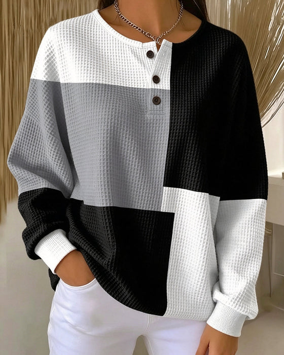 Crew Neck Button Color-Block Top