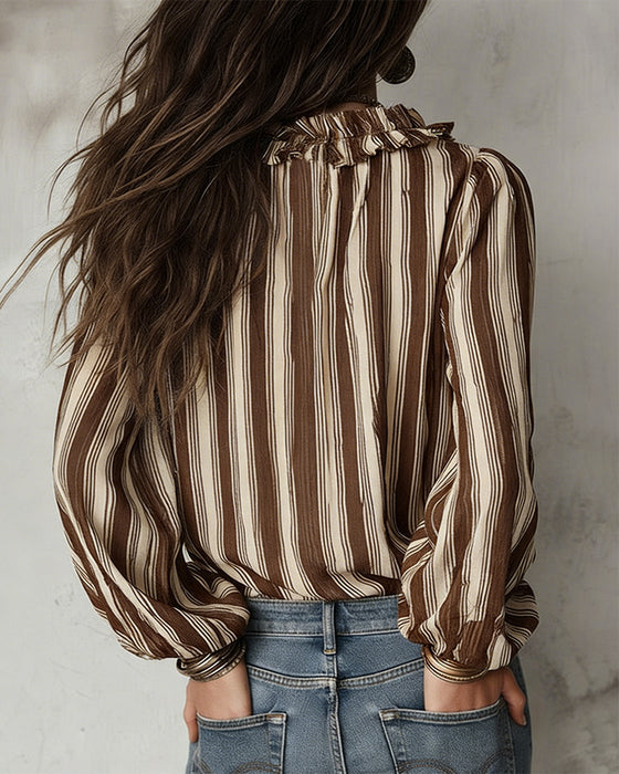 Deep V Vertical Striped Loose Blouse