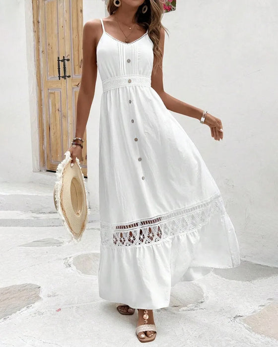 Spaghetti Strap Button Cutout V-Neck Dress