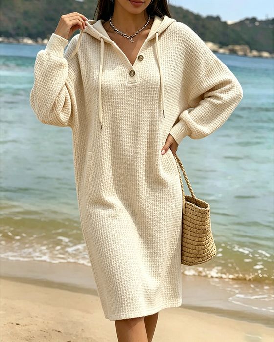 V-Neck Button Pocket Hooded Waffle Dress