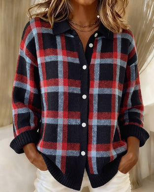 Lapel Buttoned Plaid Loose Cardigan