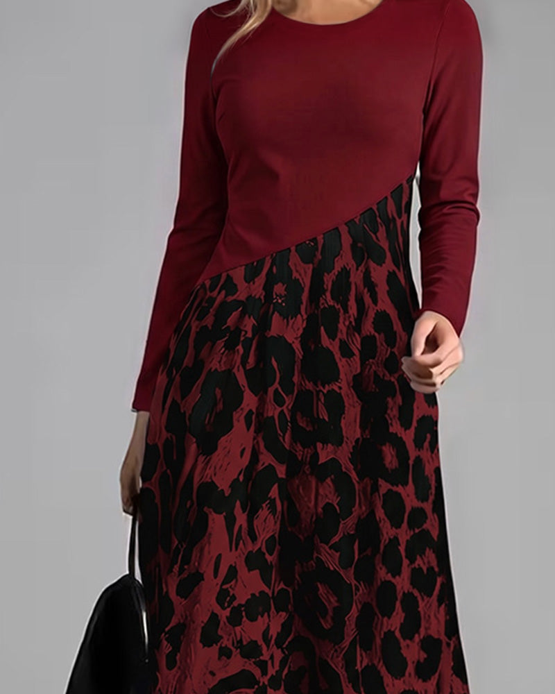 Crew Neck Leopard Full Skirt Dress