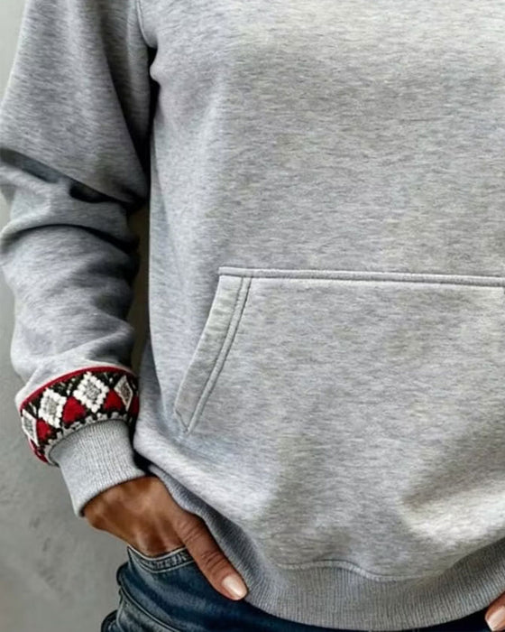 Crew Neck Argyle Color Block Pocket Sweatshirt