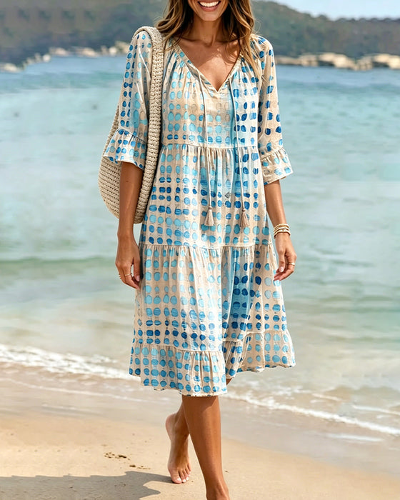Polka Dot V-Neck Tie Cake Dress
