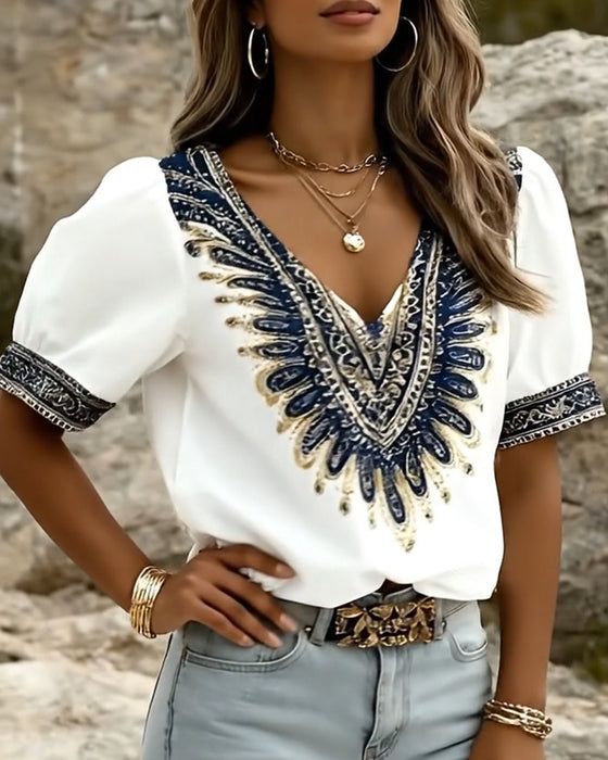Ethnic Print Puff Sleeve Blouse