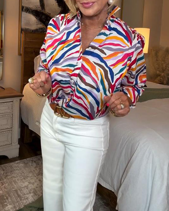 Lapel Long-Sleeved Colorful Floral Shirt