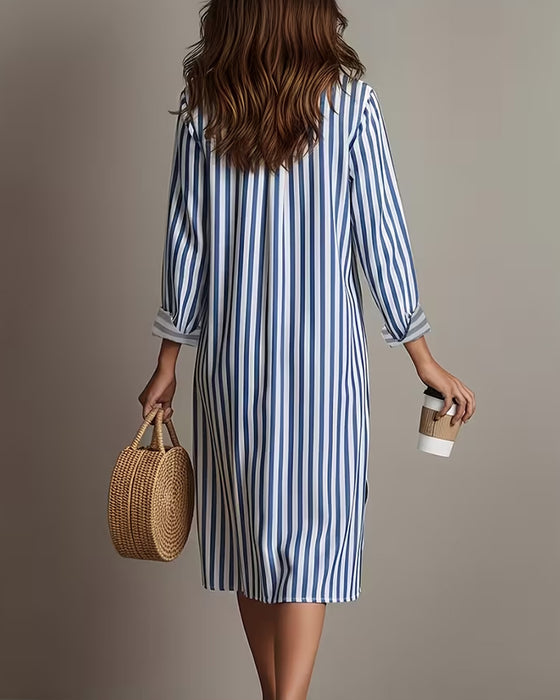Lapel Vertical Stripe Shirt Dress