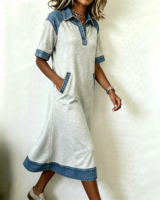 Shirt Collar Denim Patchwork Pocket Dress