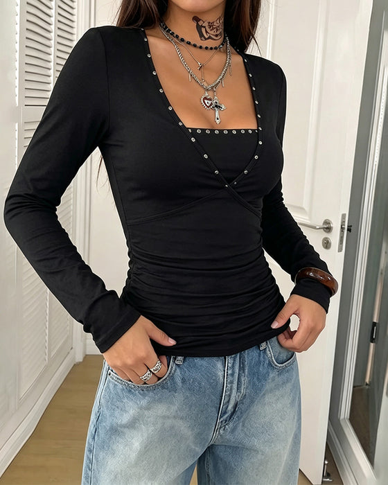 Square Neck Ruched Long-Sleeve Slim-Fit Top