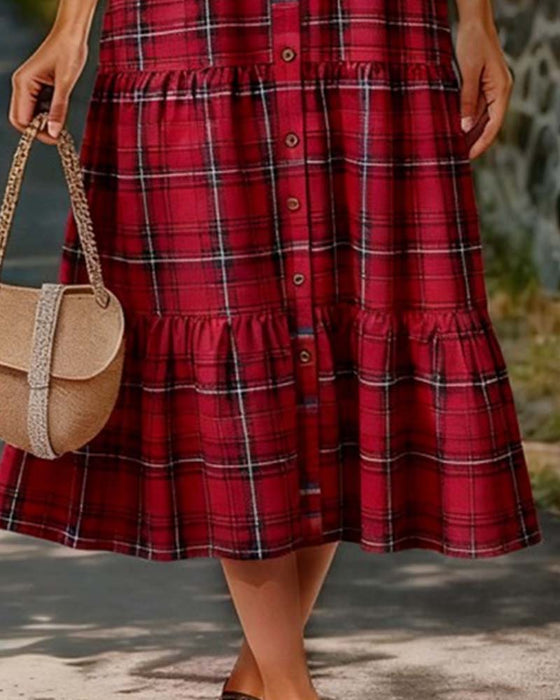 Plaid Seven-Quarter Sleeve Tiered Dress