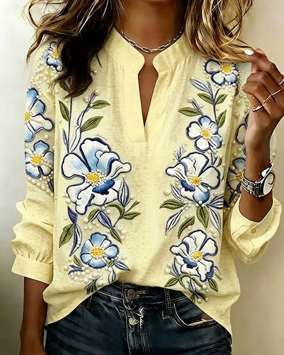 Mandarin Collar Long Sleeve Printed Blouse