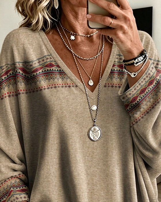V-Neck Printed Contrasting Long-Sleeved Loose Top