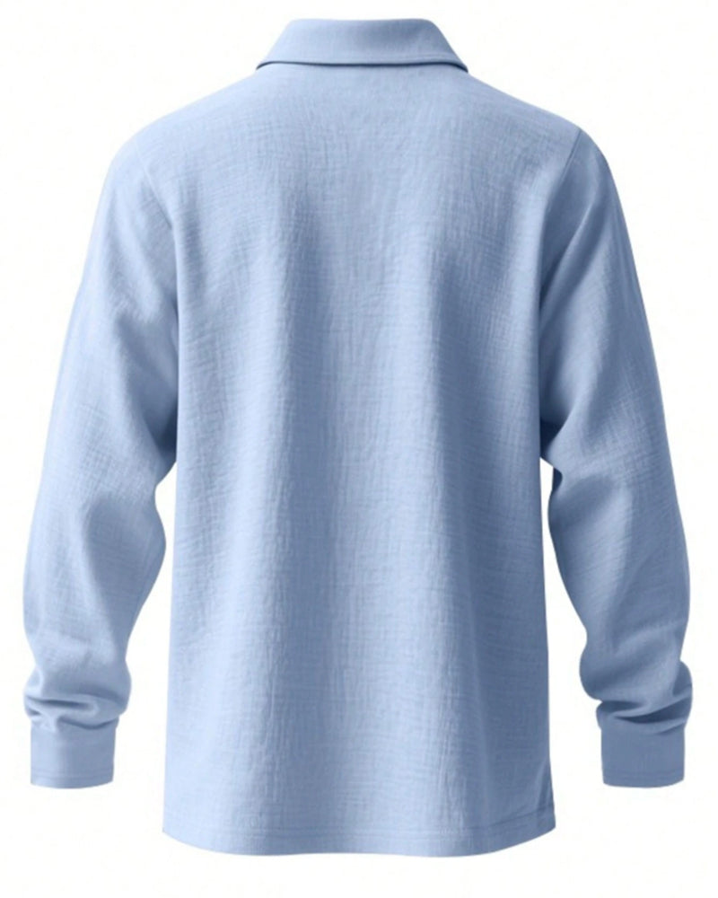 Men's Lightweight Loose Linen Long Sleeve Polo Shirt