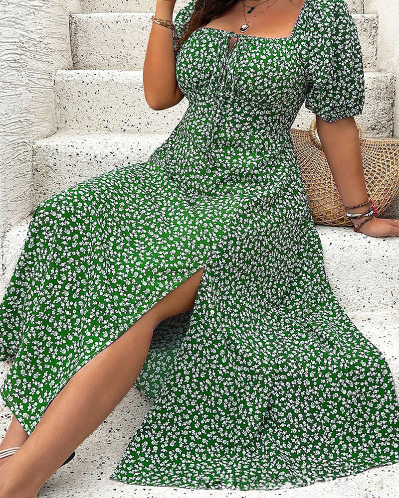 Short Sleeve Split Floral Print Dress