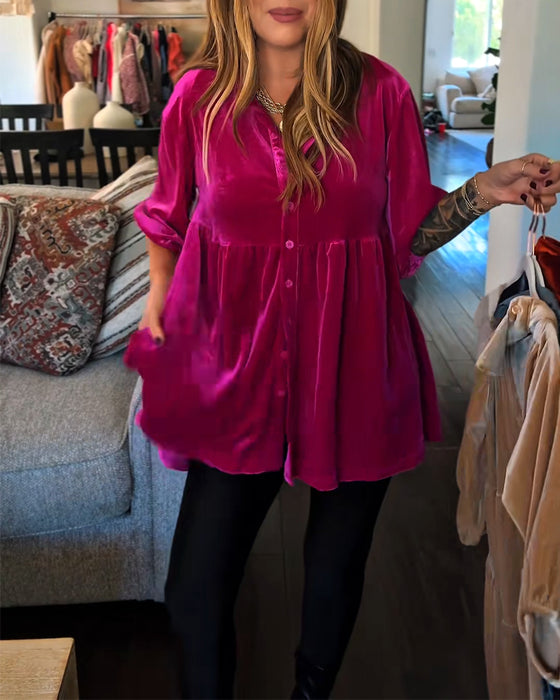 Loose-Fitting Velvet Three-Quarter Sleeve Blouse