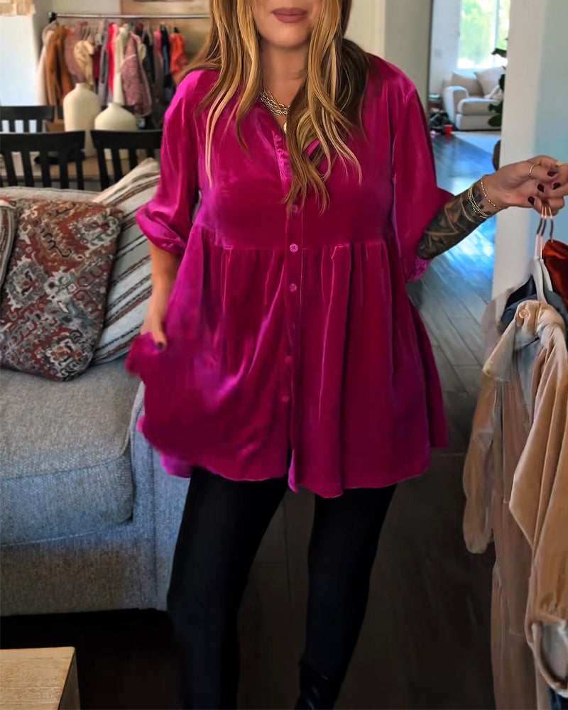Loose-Fitting Velvet Three-Quarter Sleeve Blouse