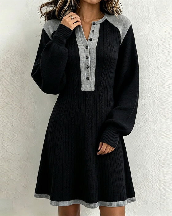 V-Neck Buttoned Contrast Sweater Dress