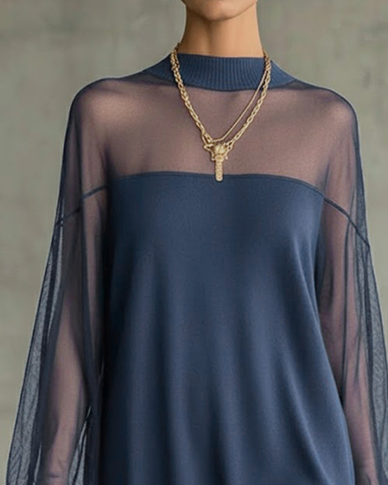 Lantern Sleeve Solid Color Patchwork Dress