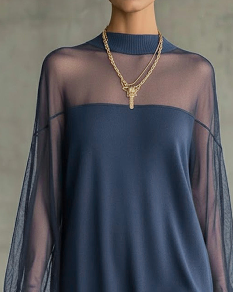 Lantern Sleeve Solid Color Patchwork Dress