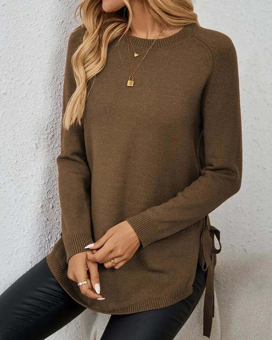 Round Neck Slit Solid Color Jumper