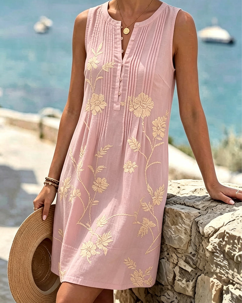 Round Neck Sleeveless Button Pleated Print Dress