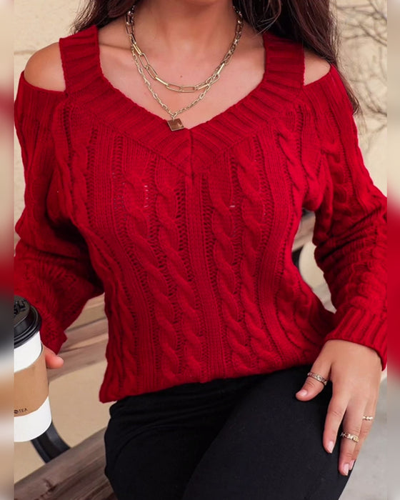 Solid Color V-Neck Cable Knit Pullover