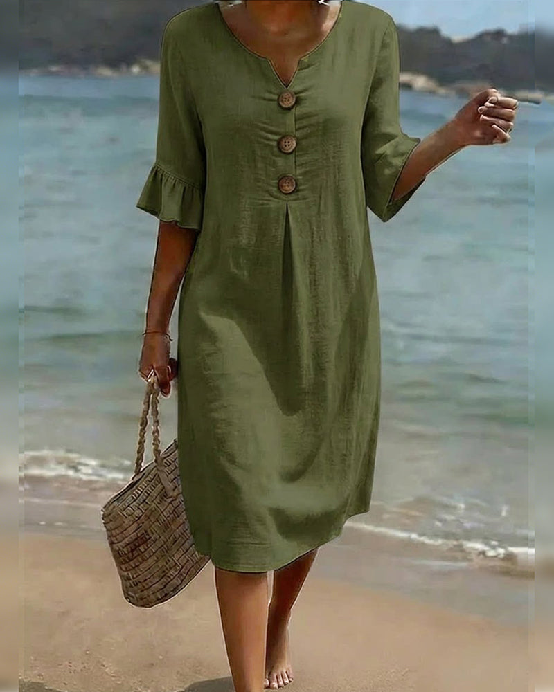 Button Ruffle Sleeve 100% Cotton Dress