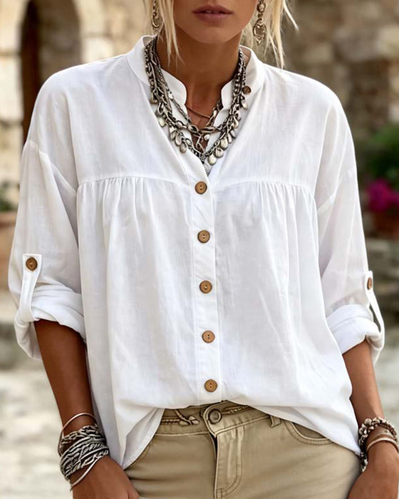 Stand Collar Long Sleeve Solid Color Button-Down Blouse