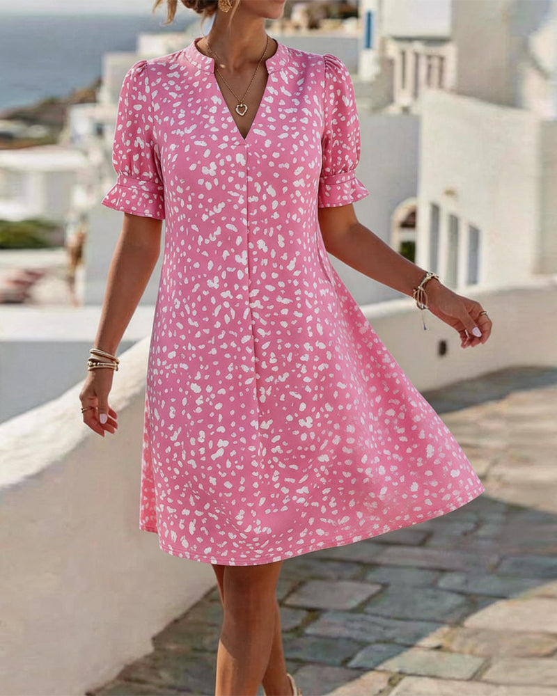 V-Neck Square Neck Puff Sleeve Print Dresses