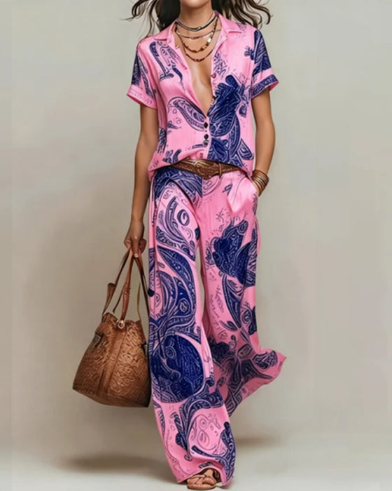 Holiday Short Sleeve Blouse Pocket Two-Piece Set