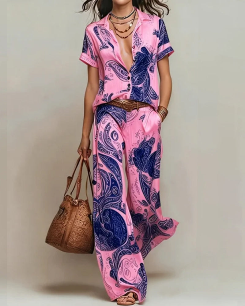 Holiday Short Sleeve Blouse Pocket Two-Piece Set
