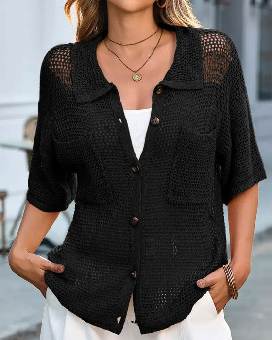 Lapel Hollow Mesh Cardigan