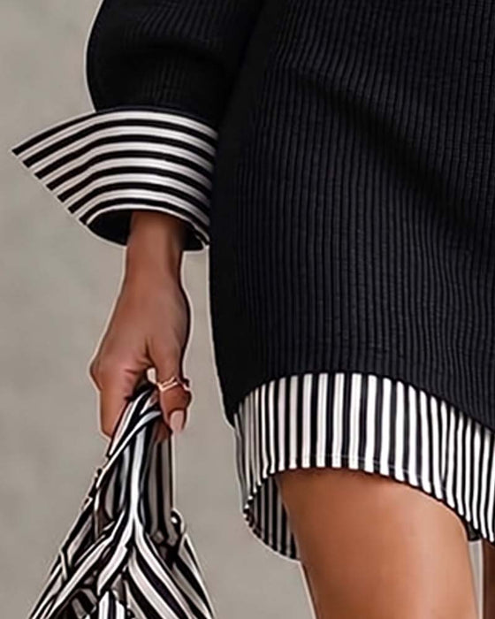 Lapel Stripe Long Sleeve Dress