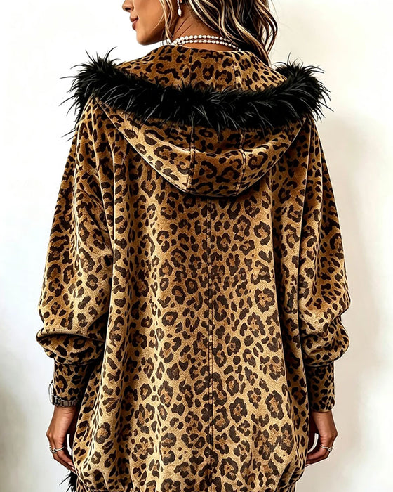 Leopard Print Plush Hooded Coat