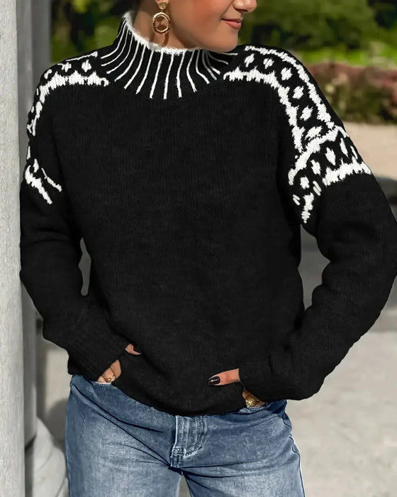 High Neck Patterned Contrast Jumper